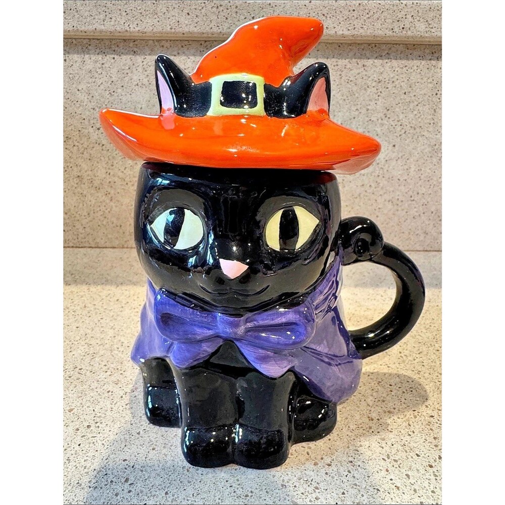 Jack O’ Lantern Lane Halloween Witch Cat Mugs Set of 2 Orange and Pink - Picture 3 of 8